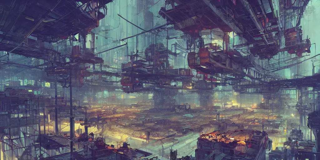 Image similar to concept art of a factory filled with drone and robot workers, grimy, gritty, blade runner 2 0 4 9, trending on artstation, award winning painting, cgi, art by john berkey and anton fadeev and john howe and simon stalenhag