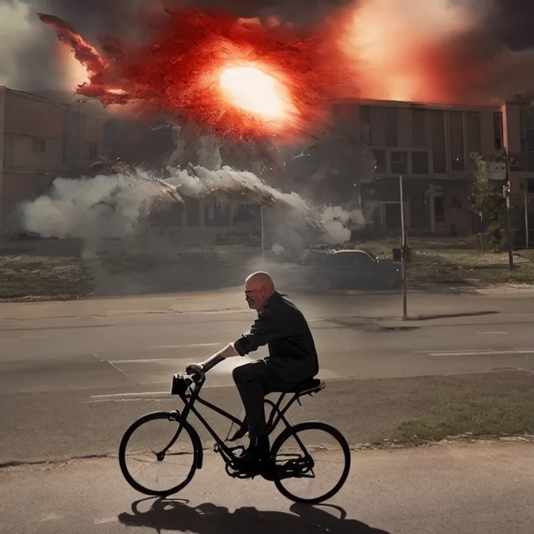 Image similar to photo of walter white riding a bike with an exploding building behind him, color, cinematic lighting