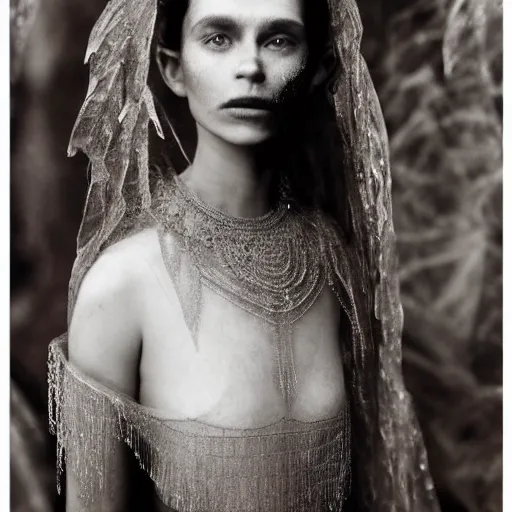 Image similar to full shot of a regal brown woman wearing an intricate armor made of many layers of ice. no makeup!! freckles!! haunting eyes. vulnerable. fragile. ethereal. elaborate. ice caves. glaciers. refracted light. extremely soft lighting. textures. delicate. translucent. by ray cesar. by louise dahl - wolfe. by andrea kowch. surreal photography.