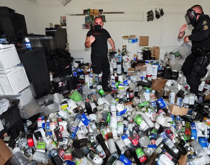 Image similar to Alex Jones in his garage office, surrounded by boxes of herbal supplements and trash, a group of SWAT police kicking in the door, tear gas and smoke, detailed photograph high quality