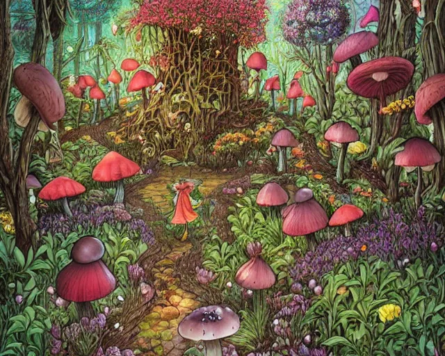 Image similar to a benevolent good fairy versus evil dark fairy fight amongst mushroom forest, whimsical, secret garden, flowers, mushroom forest by Daniel Merriam and Dan Mumford