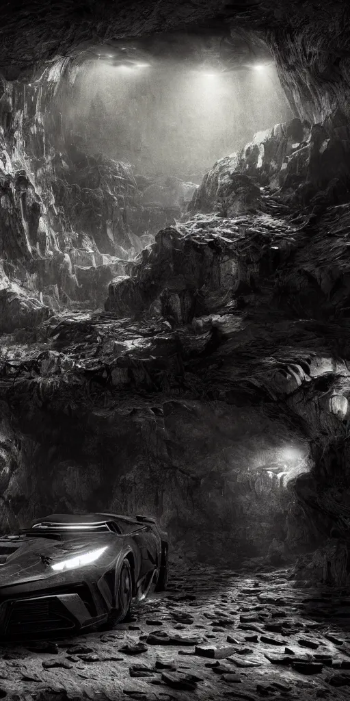 Image similar to the batmobile standing in a very dark and wet cave. highly detailed. intricate. mist. atmospheric. rim light. photorealistic. 8 k. monochrome. rays of light filling the cave. cinematic. matte painting. cinema 4 d. octane render. imagined by ash thorp. ambient occlusion. global illumination.