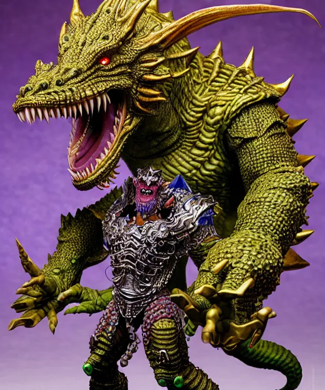 Image similar to a hyperrealistic rendering of an epic boss fight against ornate king emporer jewel crown war armor battle kaiju beast god by art of skinner and richard corben, product photography, collectible action figure, sofubi