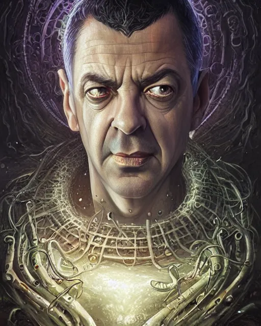 Image similar to lovecraft biopunk portrait of rowan sebastian atkinson by tomasz alen kopera and peter mohrbacher