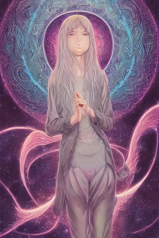 Image similar to beautiful ultra detailed manga Illustration of a girl in a celestial fantasy landscape, Full Art Illustration, by alex grey, moebius, beeple, artstation