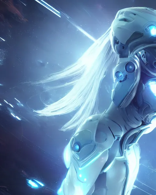 Image similar to perfect android girl on a mothership, warframe armor, beautiful face, scifi, futuristic, galaxy, nebula, raytracing, dreamy, long white hair, blue cyborg eyes, sharp focus, cinematic lighting, highly detailed, artstation, divine, by gauthier leblanc, kazuya takahashi, huifeng huang