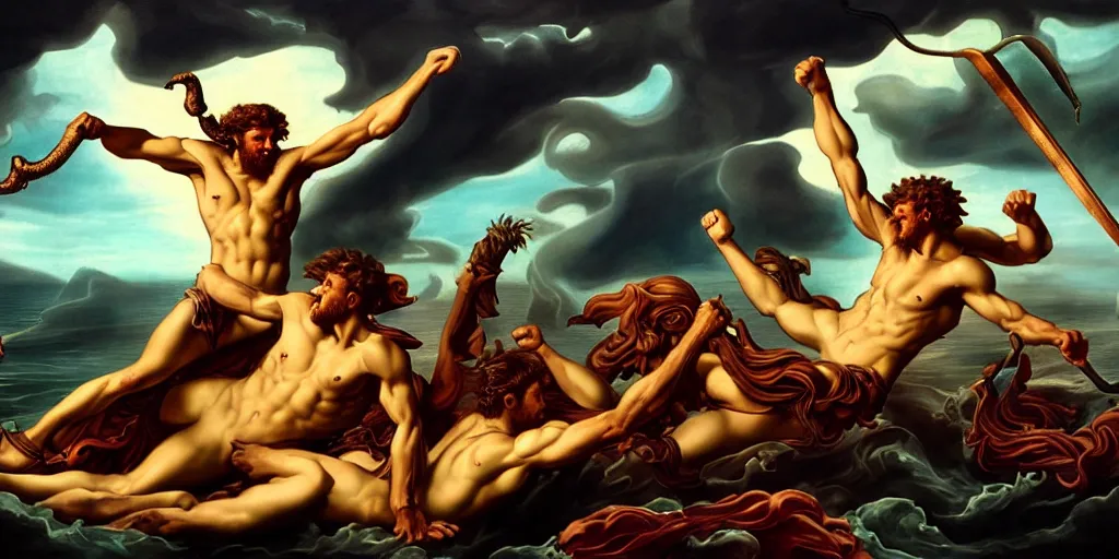 Prompt: Heracles slaying the Lernaean Hydra, by Rolf Armstrong and Evelyn De Morgan, dramatic lighting, high contrast colors, baroque, empyrean, panoramic view, as trending on Artstation, highly detailed, doom engine,