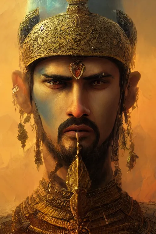 Image similar to gediminas pranckevicius hindu warrior, close - up portrait, fierce, intricate, elegant, volumetric lighting, scenery, digital painting, highly detailed, artstation, sharp focus, illustration, concept art, ruan jia, steve mccurry