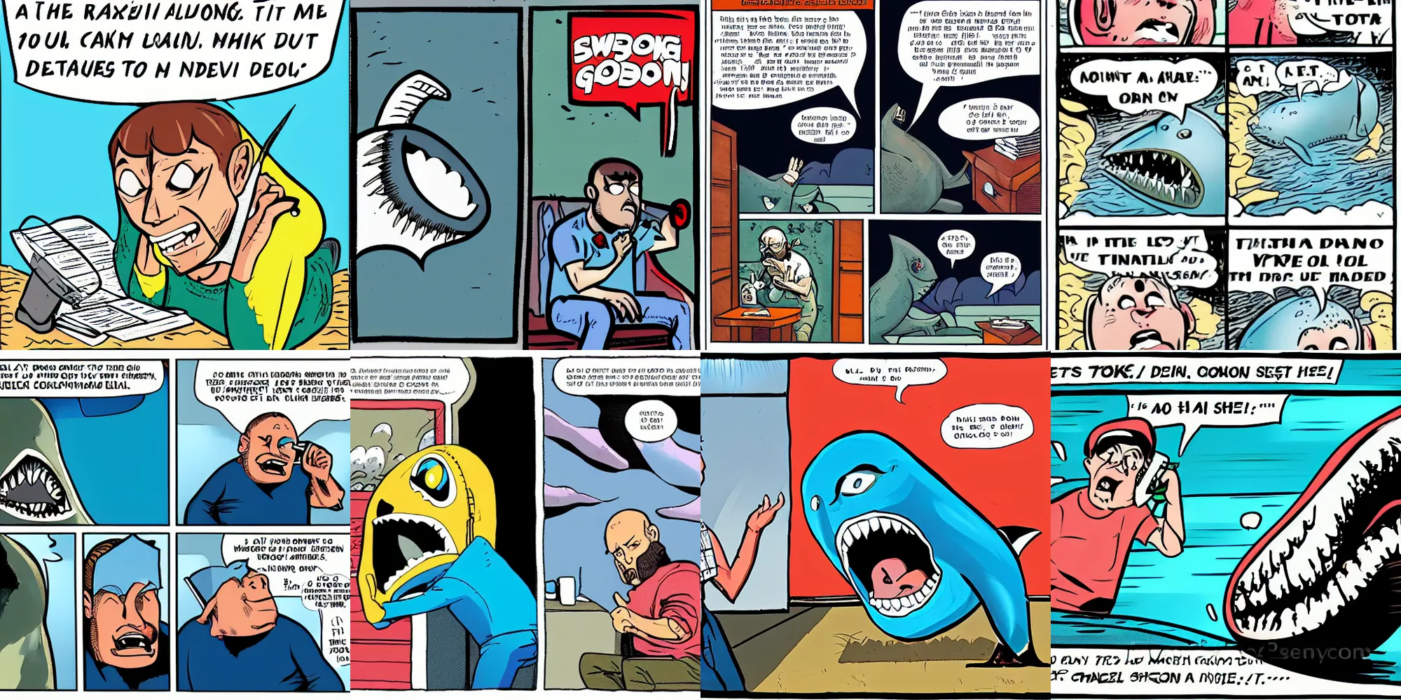 Prompt: Portrait of a megalodon talking on the phone, comic book style