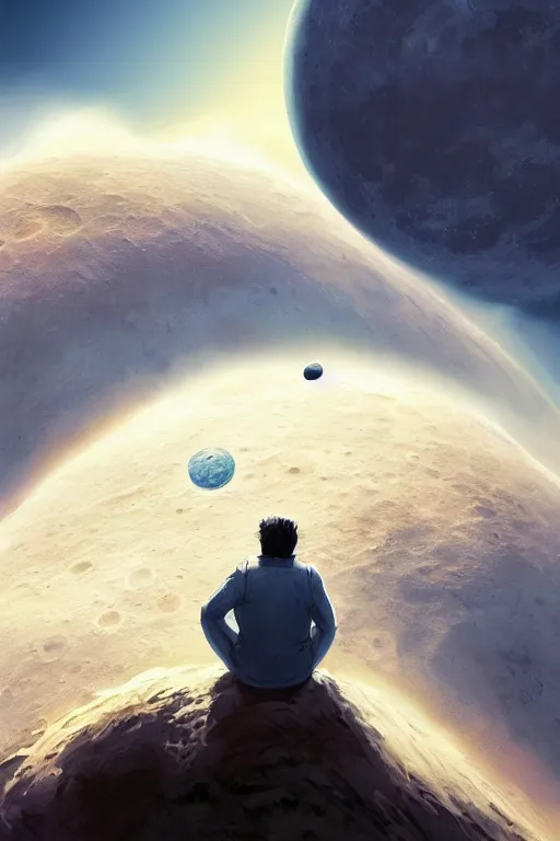 Image similar to Man sitting on the moon with a view of the earth in the background, elegant, digital painting, highly detailed, artstation, concept art, smooth, sharp focus, illustration, art by artgerm and greg rutkowski.