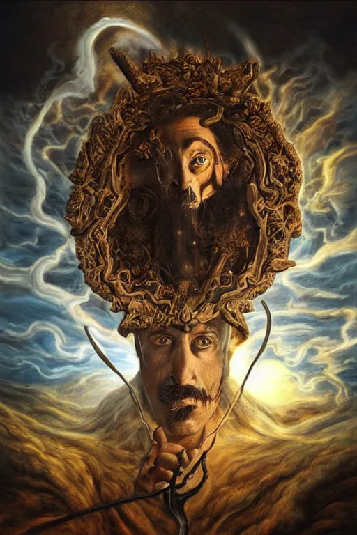 Prompt: Intricate stunning highly detailed portrait of Salvador Dali depicted as HammerFall’s lead vocals, digital painting by agostino arrivabene and Vladimir Kush, surreal, ultra realistic, Horror vacui, dramatic lighting, full moon, thick black swirling smoke tornado, burning fire embers, artstation