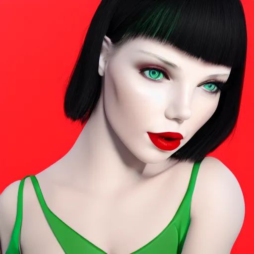 Prompt: complex 3 d render, ultra detailed, realistic headshot portrait of a beautiful porcelain skin woman, oval face, black hair, wearing latex dress, detailed green eyes, round catchlights, red plump lips, beautiful, studio portrait, proportional,