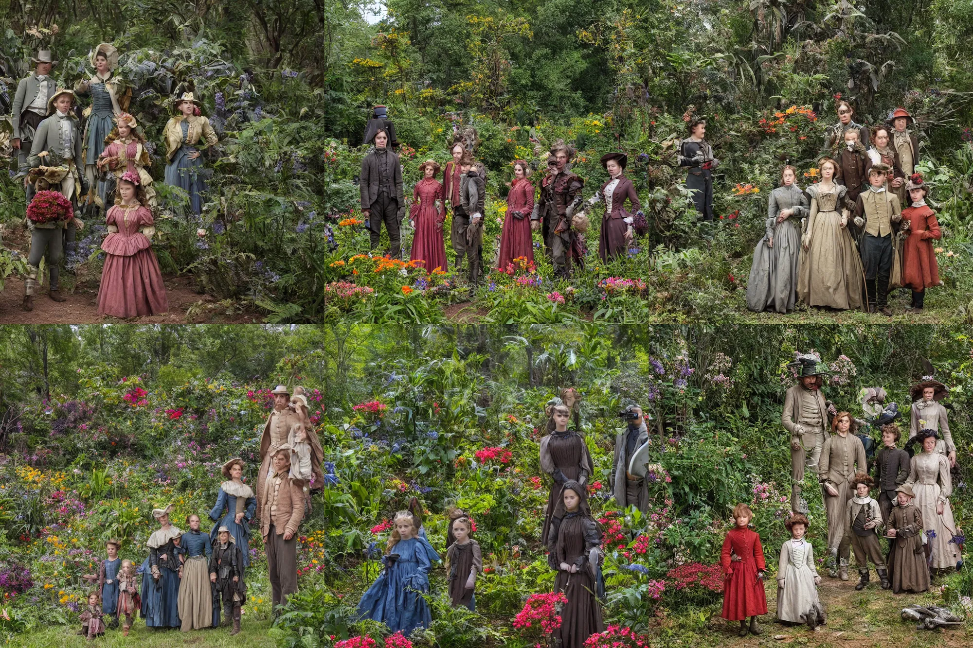 Prompt: sharp, highly detailed, 36864k film, 175000mm film still from a sci fi blockbuster color movie made in 2019, set in 1860, of a family standing in a park, next to some strange alien plants and flowers, on an alien planet, the family are all wearing 1860s era clothes, good lighting, enhanced faces, 140mm f/1.4L lens