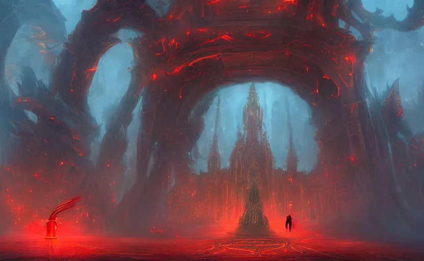 Image similar to red hooded mage, holding a golden bell, standing in front of an enormous arcane gate to another realm, mindblowing, concept art, matte, illustration, ominous, magical, dnd, 4 k uhd, very detailed