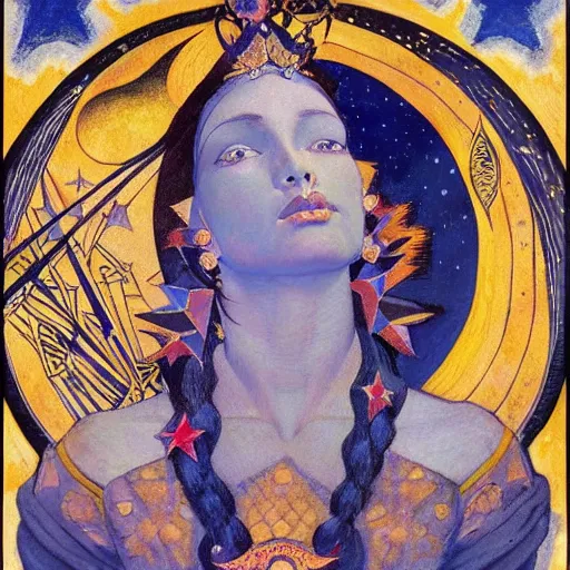 Prompt: queen of the moon with stars in her hair, by nicholas roerich and annie swynnerton and donato giancola and diego rivera and dulac, dramatic lighting, god rays, geometric tattoos, rich colors, smooth sharp focus, extremely detailed, leo and diane dillon, adolf wolfli
