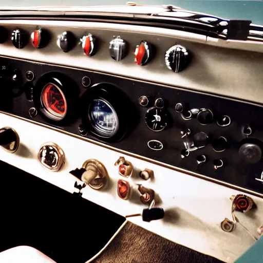 Prompt: photorealistic control panel from the 1 9 5 0's in a car featuring ejection seats, weapons control, and hyperdrive, realistic, 8 k resolution, front view