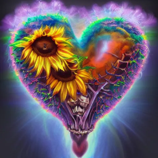 Image similar to a beautiful matte painting by Larisa Novik of an anatomically correct heart bursting out of an anatomically correct skeletal rib-cage and exploding into rainbows and sunflowers, trending on artstation hq