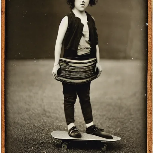 Image similar to a cute girl with curly black hair holding a skateboard, Daguerrotype