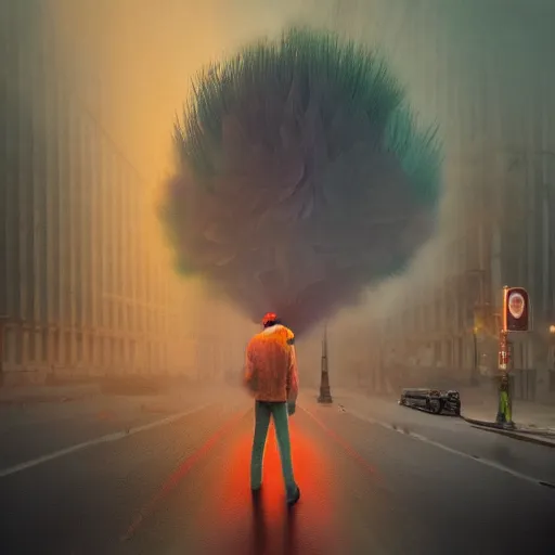 Prompt: giant carnation flower head, man walking in a modern city explode, surreal photography, dramatic light, impressionist painting, fog, digital painting, artstation, simon stalenhag, floria sigismondi