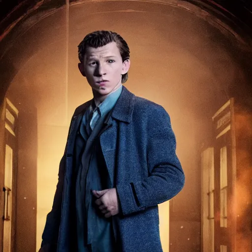 Image similar to tom holland as a rough dirty old man with a scruffy beard in a dark blue trenchcoat as the new doctor who, cinematic, volumetric lighting, f 8 aperture, cinematic eastman 5 3 8 4 film, photorealistic