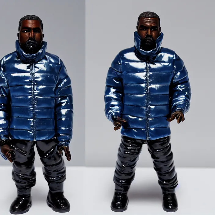 Image similar to a goodsmile figure of kanye west using full face - covering mask with small holes. a small, tight, undersized reflective bright blue round puffer jacket made of nylon. a shirt underneath. black jeans pants made of nylon. a pair of big rubber boots, figurine, detailed product photo, professional photo, full body and face, studio lighting, studio photo