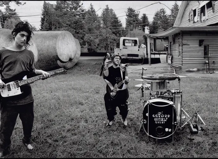 Image similar to a little water bear playing electric guitar while his friend plays the drums, Gregory Crewdson, Joel Sternfeld