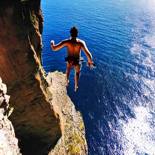 Prompt: man cliff jumping off the edge of the world
