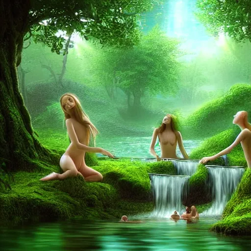 Prompt: beautiful digital fantasy illustration of A woody green field with a stream running through it, with a group of dryad women standing in the water. They seem to be preparing to submerge themselves in the cool, clear waters of the stream. cgsociety, fantasy art, highly detailed, soft lighting, rendered in octane, masterpiece, very very very aesthetic