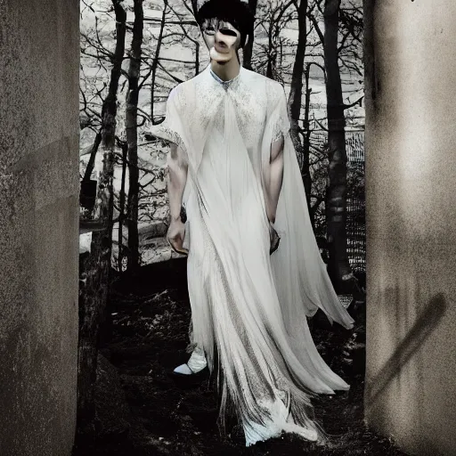 Prompt: a beautiful young korean male wearing a translucid lace wedding gown designed by alexander mcqueen, photographed by andrew thomas huang for a fashion editorial ,