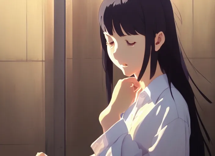 Image similar to a film still portrait of a very beautiful girl crying, finely detailed features, closeup at the faces, perfect art, at a market, night time,, gapmoe yandere grimdark, trending on pixiv fanbox, painted by greg rutkowski makoto shinkai takashi takeuchi studio ghibli, akihiko yoshida