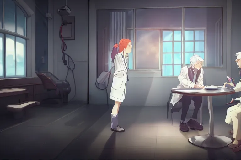 Prompt: a cute young female doctor wearing white coat are talking with an old surgeon in a hospital, lighting, anime scenery by Makoto shinkai