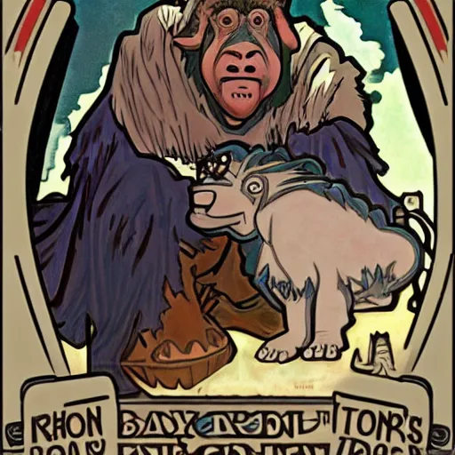 Image similar to baby gamorrean guard being looked after by tom baker dr who, alphonse mucha