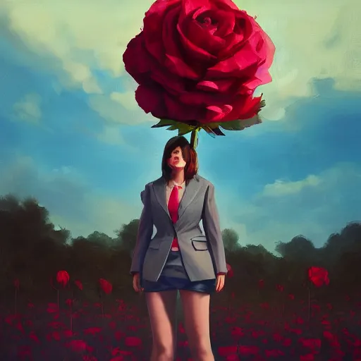 Image similar to closeup, giant rose flower head, frontal, girl in a suit, surreal photography, sunrise, blue sky, dramatic light, impressionist painting, digital painting, artstation, simon stalenhag