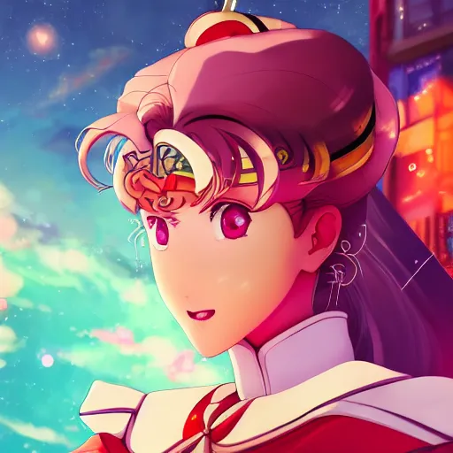 Image similar to portrait of sailor moon, city background, rich vivid colors, ambient lighting, dynamic lighting, 4k, HQ, official media, anime key visual, makoto shinkai, ilya kuvshinov, lois van baarle, rossdraws, detailed, trending on artstation