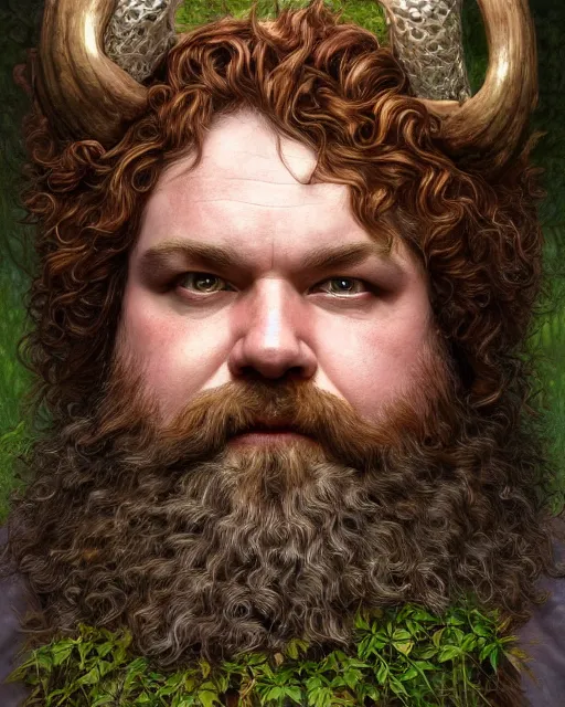 Image similar to patrick rothfuss as a forest druid with ram horns and leaves in his beard | highly detailed | very intricate | symmetrical | cinematic lighting | award - winning | closeup portrait | painted by donato giancola and mandy jurgens and magali villenueve | featured on artstation, promotional still