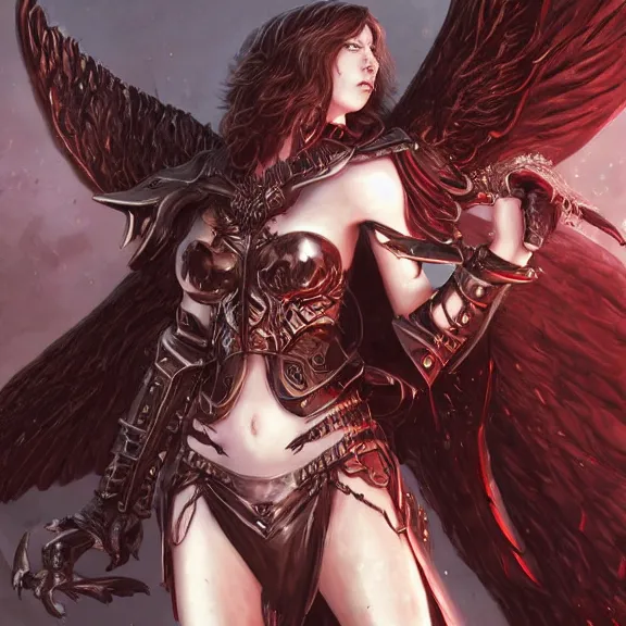 Prompt: A female angel with a dark armour and one pair of vig devil wings , D&D , fantasy , highly detailed, digital art, artstation, smooth, sharp focus, fantasy illustration, art by Peter Tang and artgem and Alina Ivanchenko and Hirokazu Yokohara and Kago Shintaro