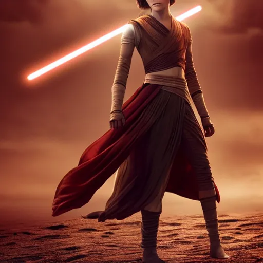 Image similar to Emma Watson modeling as Rey in Star Wars, (EOS 5DS R, ISO100, f/8, 1/125, 84mm, postprocessed, crisp face, photoshopped, facial features)