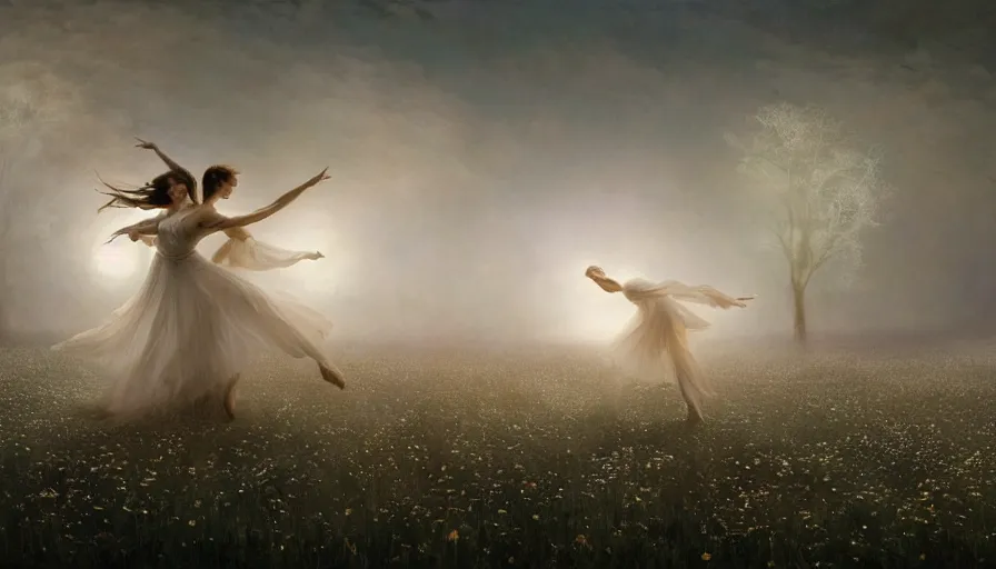 Image similar to dancers in white lit only by the moon, dancing across a flower meadow in the forbidden forest, the twilight dance of the fae by aleksi briclot, greg rutkowski and ivan aivazovsky, contemporary dancers dancing artistic photorealistic volumetric cinematic light, award - winning, atmospheric fantasy sky, oil painted surrealist abstract