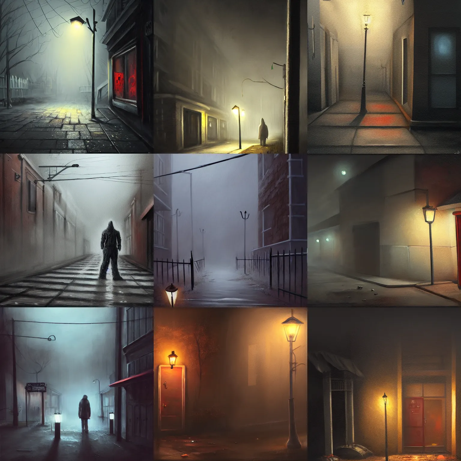 Image similar to serial killer hidden behind a street corner, creepy, horror, foggy, 2 point lights, oleo painting, highly detailed, 8 k, photorealistic, art concept, artstation, sharp focus