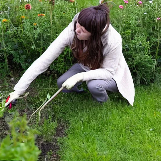 Image similar to a beautiful and mad canadian woman, on her knees, pulling weeds out frantically, some grey hair, stripey pants,