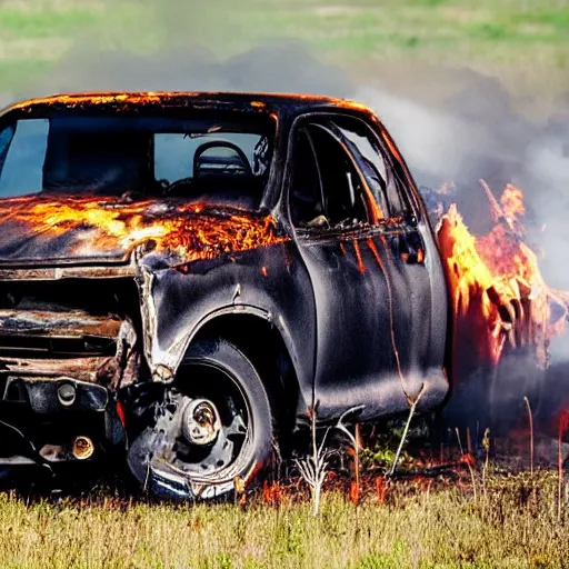 Prompt: burnt out pickup truck on fire in a field