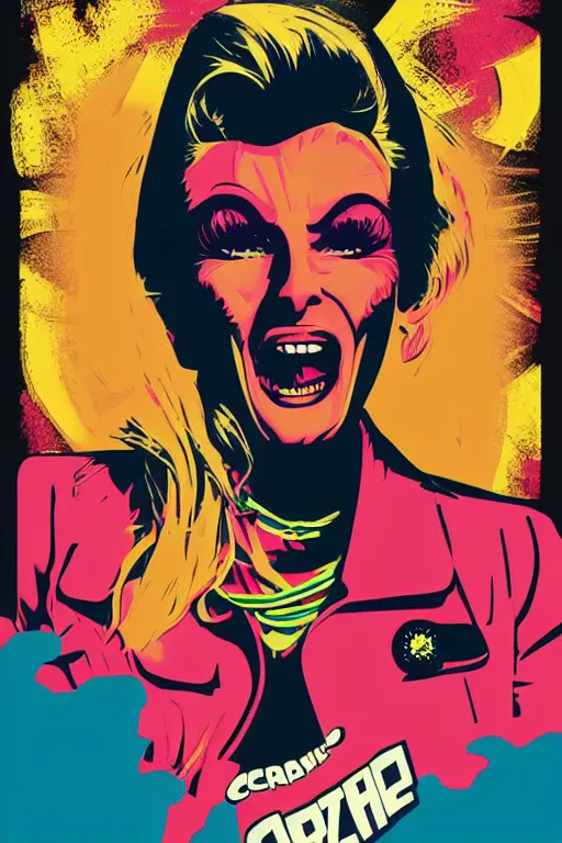 Prompt: crazy mad woman, 7 6 retro futurist illustration art by butcher billy, sticker, colorful, illustration, highly detailed, simple, smooth and clean vector curves, no jagged lines, vector art, smooth andy warhol style