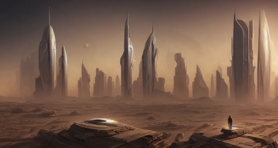 Prompt: cinematic shot, futuristic city on the mars, skyscrapers made of tiered disks, utopian, digital painting, artstation, concept art, smooth, sharp focus, illustration, intricate, elegant, highly detailed, in the style of greg rutkowski and alphonse mucha and artemisia, 8 k, highly detailed, jurgens, rutkowski