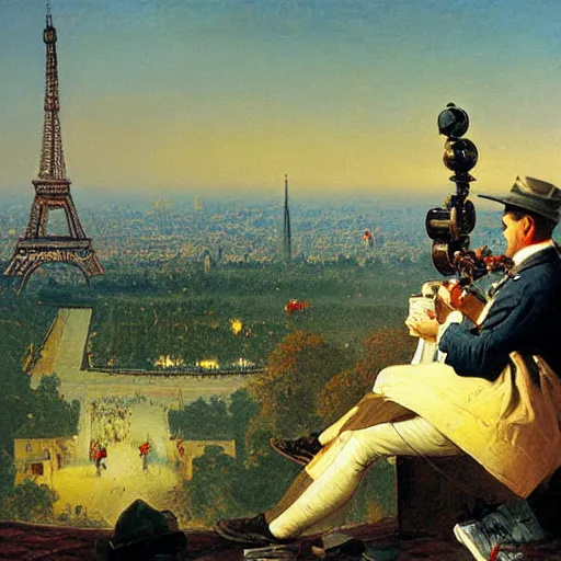 Image similar to grand - tourist with telescope at eiffel tower, intricate oil painting by carl spitzweg