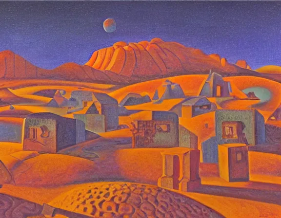 Image similar to a village on the surface of mars, by ansel adams and jean metzinger, oil on canvas