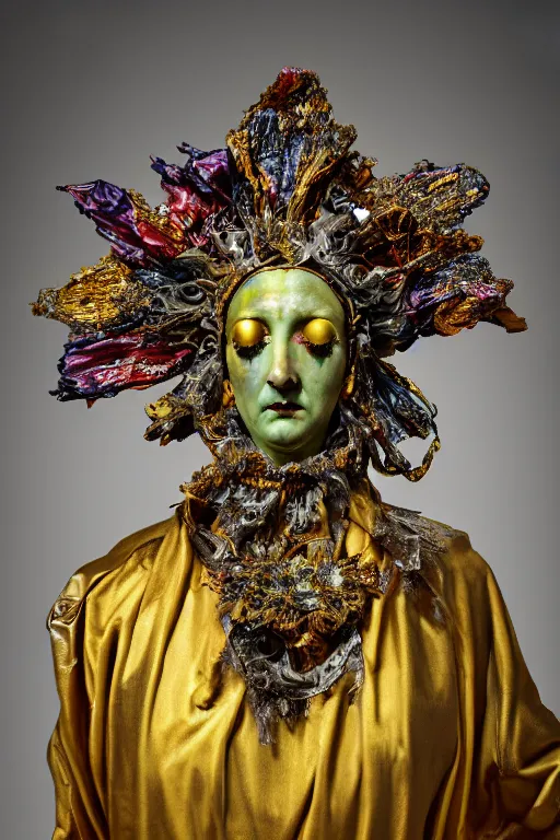 Image similar to stained cracked porcelain statue of wired matte sacred old queen, sculpture with metallic polished intricated surface, dressed with a colorful torn silk cloak and gold ornaments, made by antonio corradini, and dug stanat macabre art, dark surrealism, epic and cinematic view, volummetric light, texturized, detailed, venezian carnival, high graphics 8 k