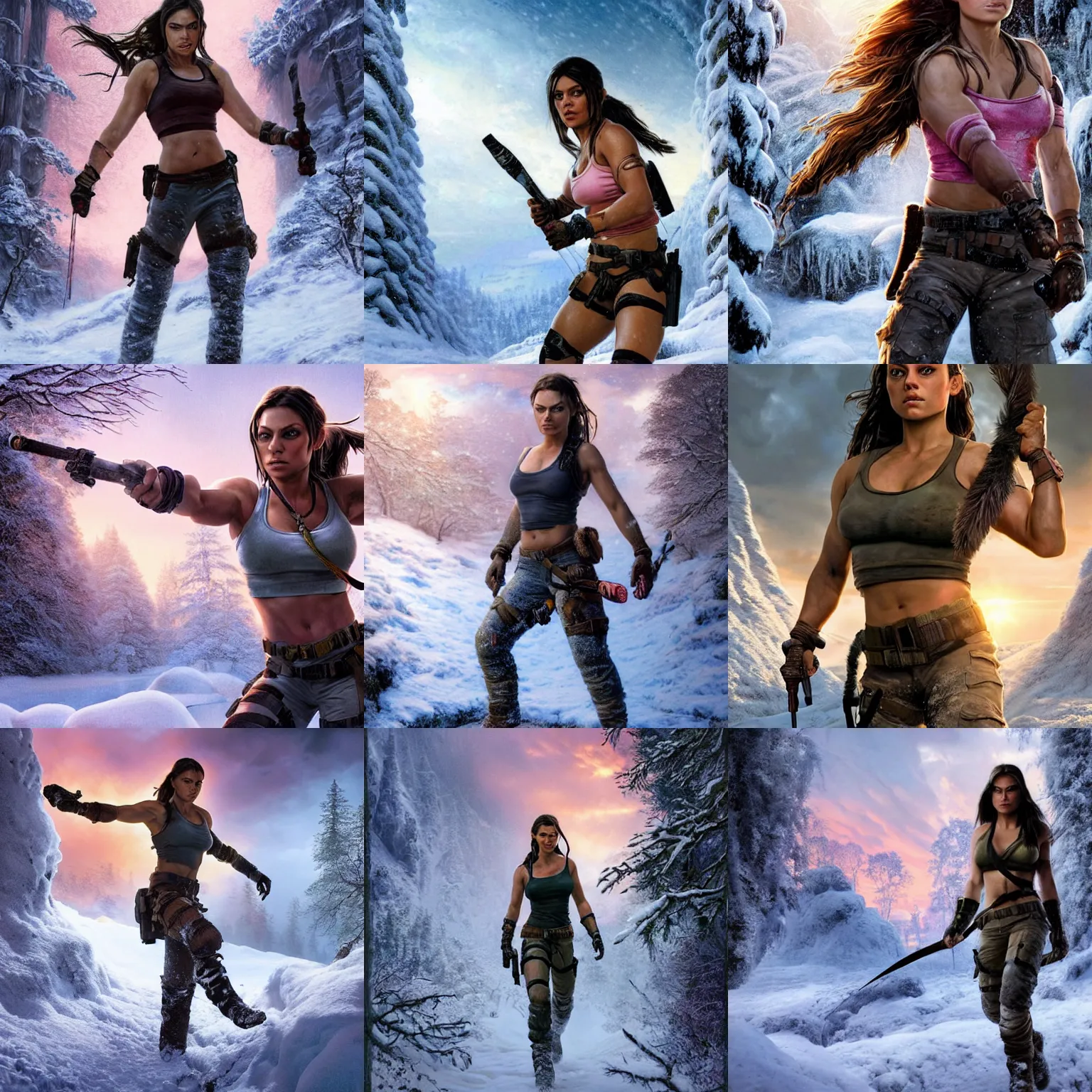 Prompt: epic portrait of Mila Kunis as muscled Amazon Lara Croft walking through deep snowy ruins, sun rays through snow, pink golden hour, cold stormy wind, intricate, highly detailed, shallow depth of field, epic vista, Ralph Horsley, Daniel F. Gerhartz, Artgerm, Boris Villajo, Lilia Alvarado. IMPORTANT : Two coherent arms, two coherent legs, two coherent and perfect eyes.