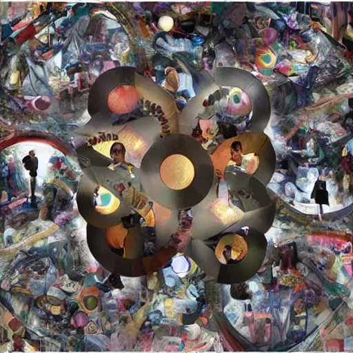 Image similar to funereal, sinister collage, digital art by moshe safdie. a beautiful kinetic sculpture of a group of people standing around a circular table. in the center of the table is a large, open book. the people in the kinetic sculpture are looking at the book with interest & appear to be discussing its contents.