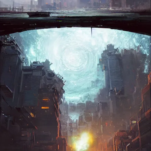 Image similar to black hole rising above city, city destroyed by shockwave, black hole with accretion disс, digital art, art by stefan koidl, brock hofer, marc simonetti