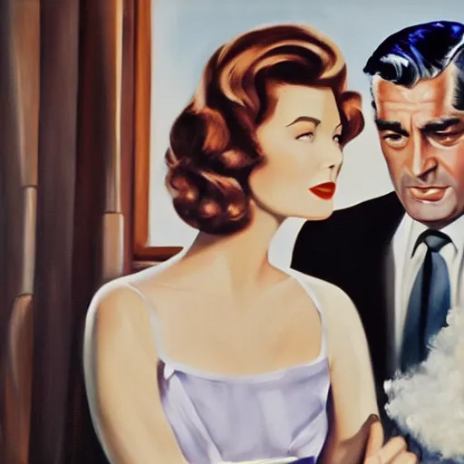 Prompt: an oil painting from a scene containing cary grant and kate hepburn in ‘ the philadelphia story. ’